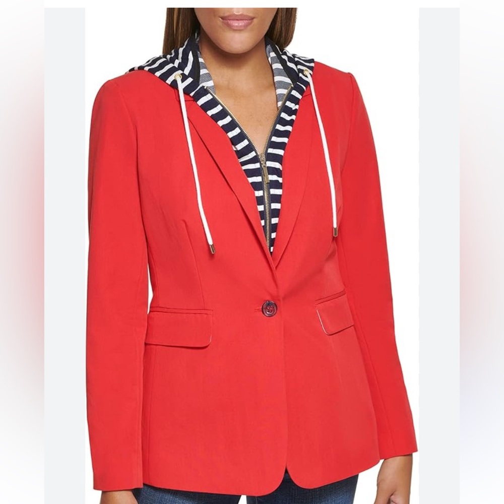 DKNY Red Blazer with Striped Hood